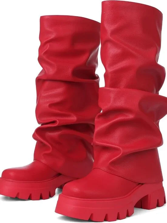 Women's Red Fold Over Boots Slouchy Boots Wide Calf Pleated Platform Boots - Picture 4 of 6